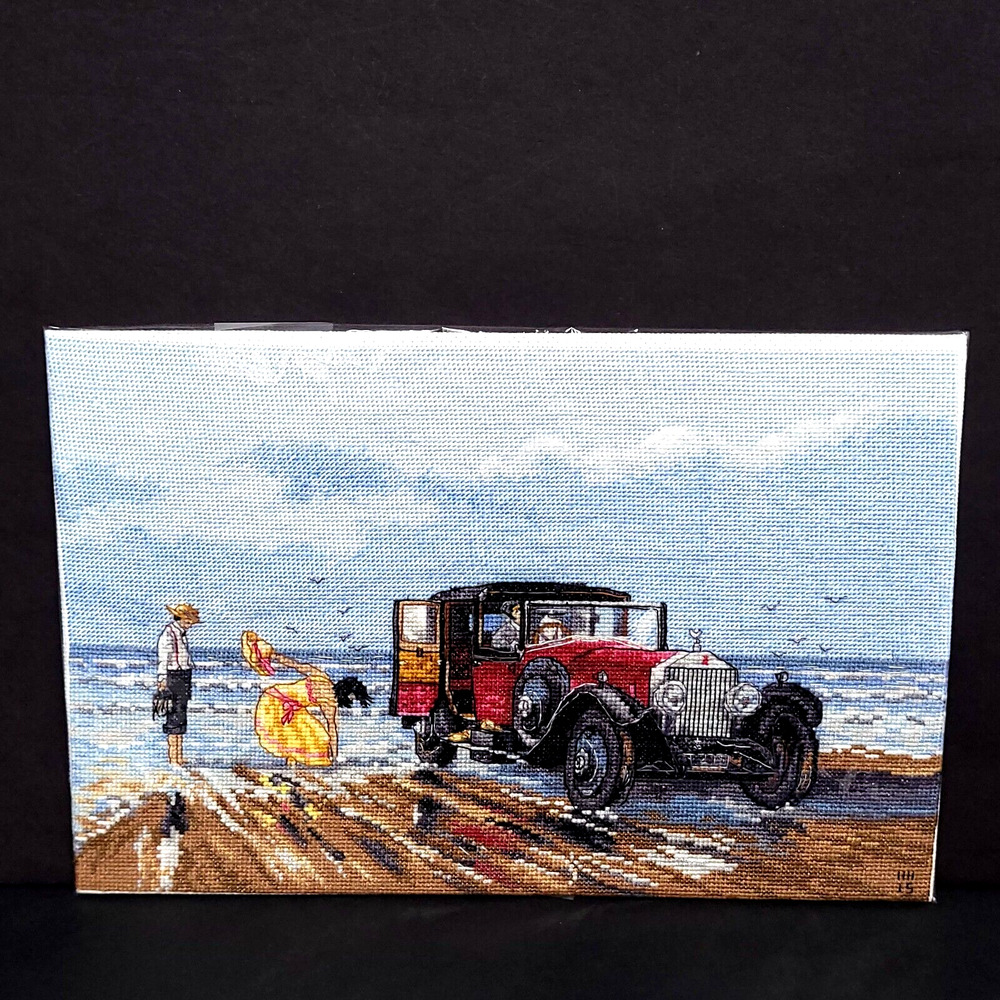 Completed Cross Stitch Vintage Car Romantic Couple Beach Scene Needlework Art